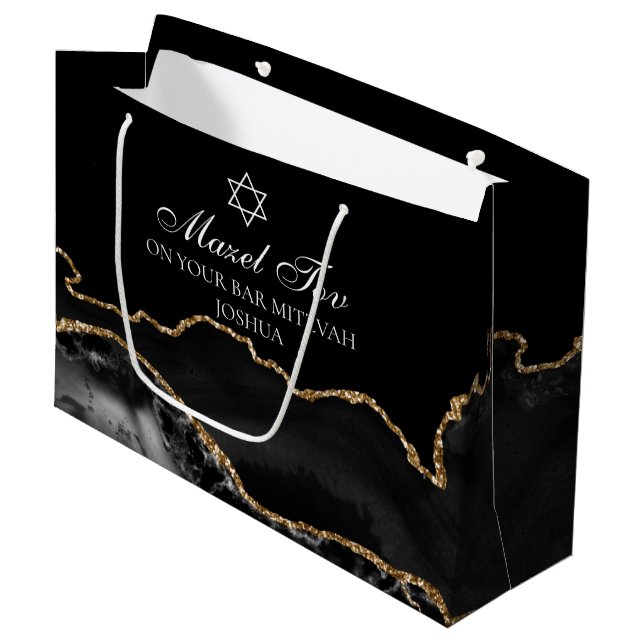 Grand Sac Cadeau Customisé Bar Mitzvah Mazel Tov Black Gold (Devant Angle)