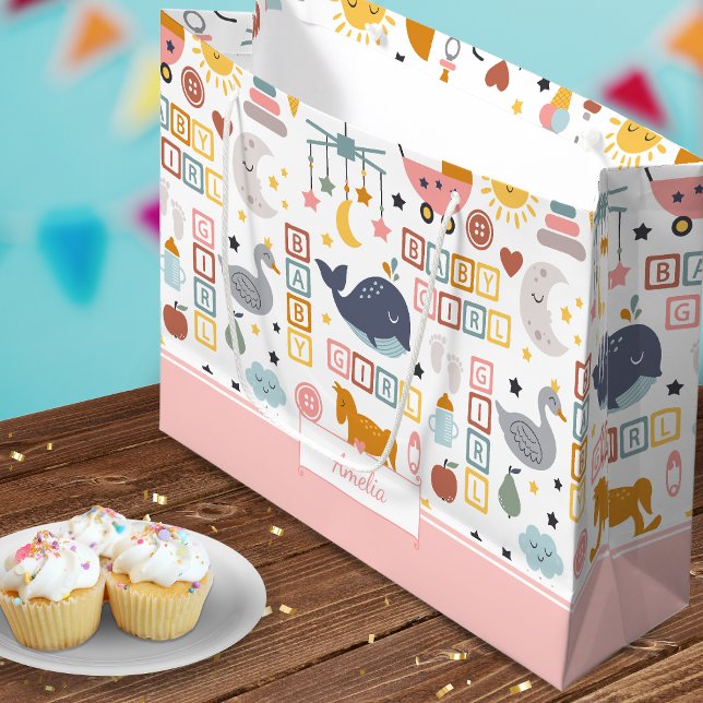 Grand Sac Cadeau Cute Baby Girl Pink Pattern with Name Baby Shower (Créateur téléchargé)