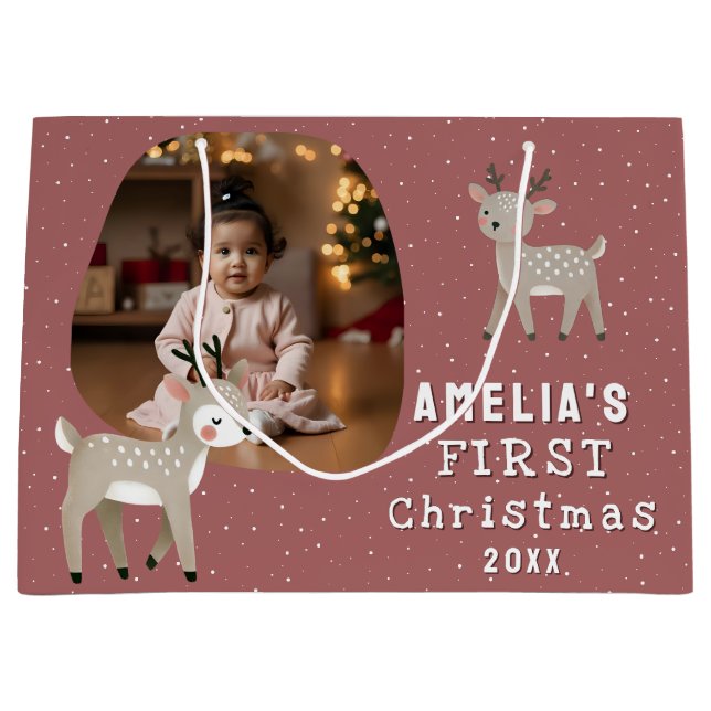 Grand Sac Cadeau Cute Baby's 1st Christmas Photo Reindeer (Devant)