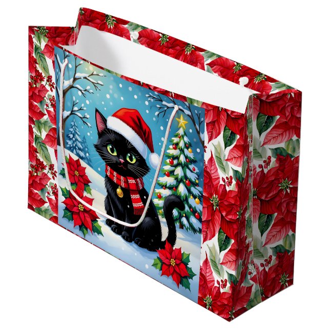 Grand Sac Cadeau Cute Black Cat and Poinsettia Christmas (Devant Angle)