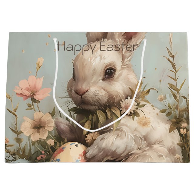 Grand Sac Cadeau Cute Bunny Eggs Flowers Easter  (Devant)