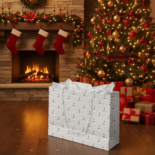 Grand Sac Cadeau Cute Button Snowmen Grey Paper Gift Bag (Créateur téléchargé)