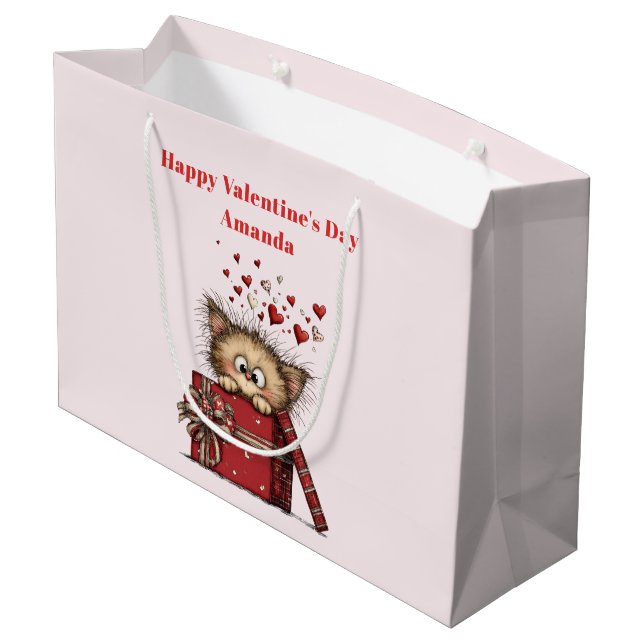 Grand Sac Cadeau Cute Cartoon Kitten with Hearts Valentine's Day (Dos Angle)