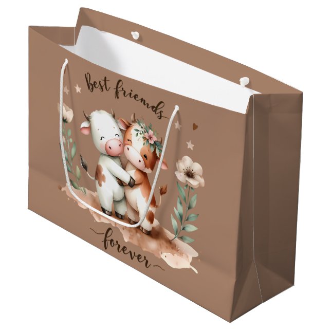 Grand Sac Cadeau Cute Cow Meilleurs amis Hug Floral Art (Devant Angle)