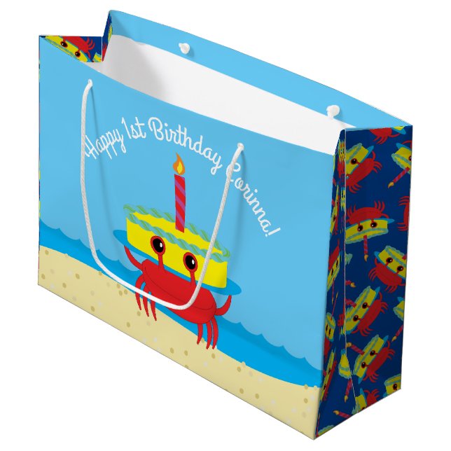 Grand Sac Cadeau Cute Crab Beach 1er anniversaire (Devant Angle)