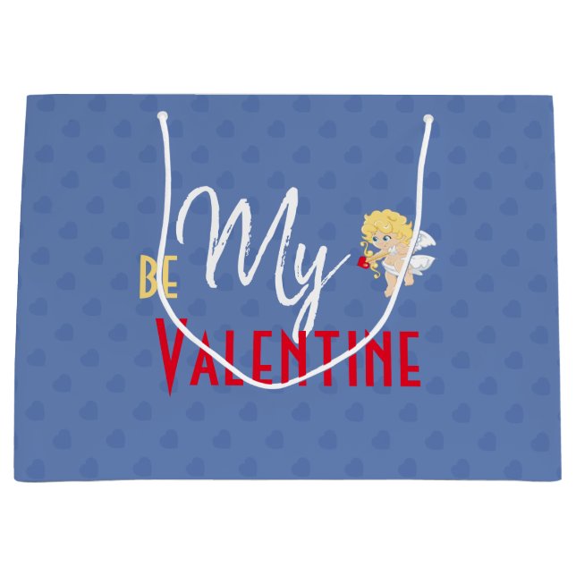 Grand Sac Cadeau Cute Cupid Be My Valentine Red Arrow Blue Hearts (Devant)