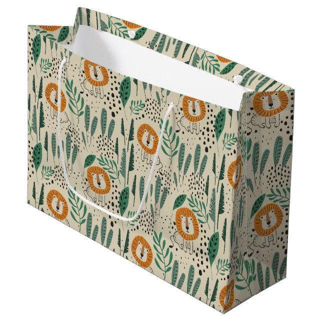 Grand Sac Cadeau Cute Doodle Lion Jungle Rainforest Pattern (Devant Angle)