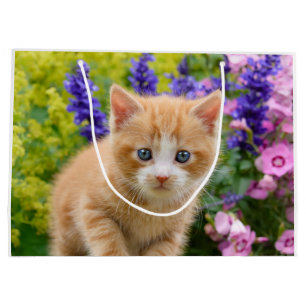 Grand Sac Cadeau Cute Fluffy Ginger Baby Chat Kitten en Fleurs Anim