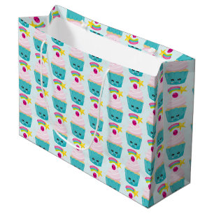 Grand Sac Cadeau Cute gâteau bleu avec Motif de visage Kawaii