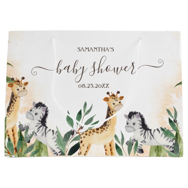 Grand Sac Cadeau Cute Giraffe, Baby shower Feuille Zebra (Devant)