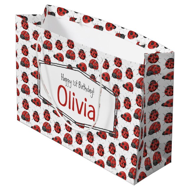 Grand Sac Cadeau Cute Girl Noir Aquarelle Rouge Motif Ladybug (Dos Angle)