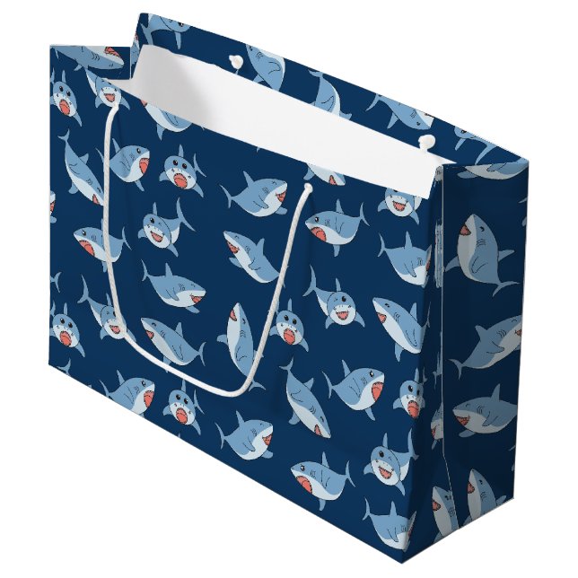Grand Sac Cadeau Cute Great White Sharks Motif Océan (Devant Angle)