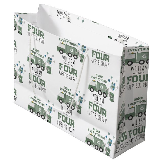 Grand Sac Cadeau Cute Green Recycling Camion Enfants Nom Âge Annive (Devant Angle)