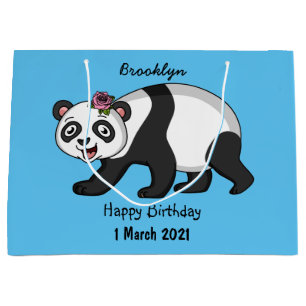 Grand Sac Cadeau Cute happy panda bear with flower cartoon