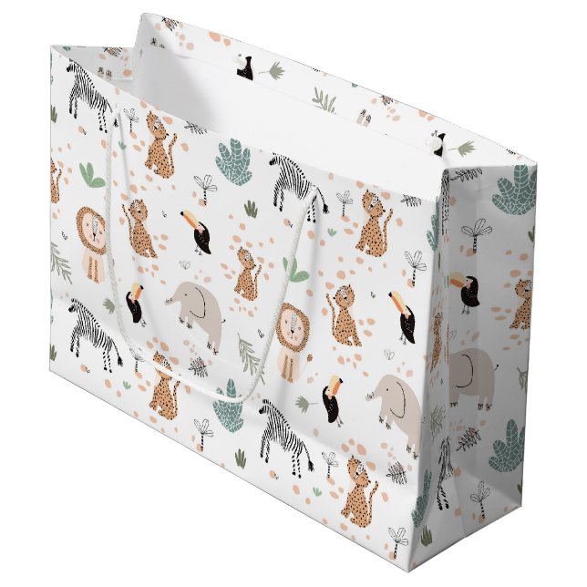 Grand Sac Cadeau Cute Jungle Rainforest Animaux Motif (Devant Angle)