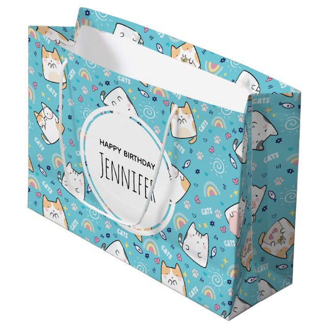Grand Sac Cadeau Cute Kitty Chat Motif Whimsical Anniversaire (Devant Angle)