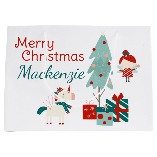 Grand Sac Cadeau Cute licorne et fée Nom personnalisé Joyeux Noël (Devant)