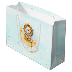 Grand Sac Cadeau Cute Lion Pêche sur l'aquarelle de la lune