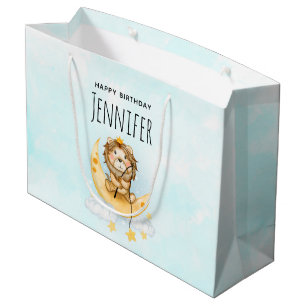 Grand Sac Cadeau Cute Lion Pêche sur l'aquarelle de la lune