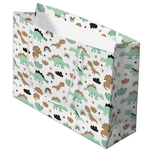 Grand Sac Cadeau Cute Mint Green Dinosaur Motif