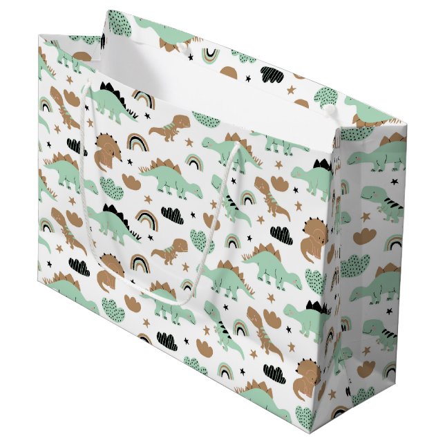 Grand Sac Cadeau Cute Mint Green Dinosaur Motif (Devant Angle)
