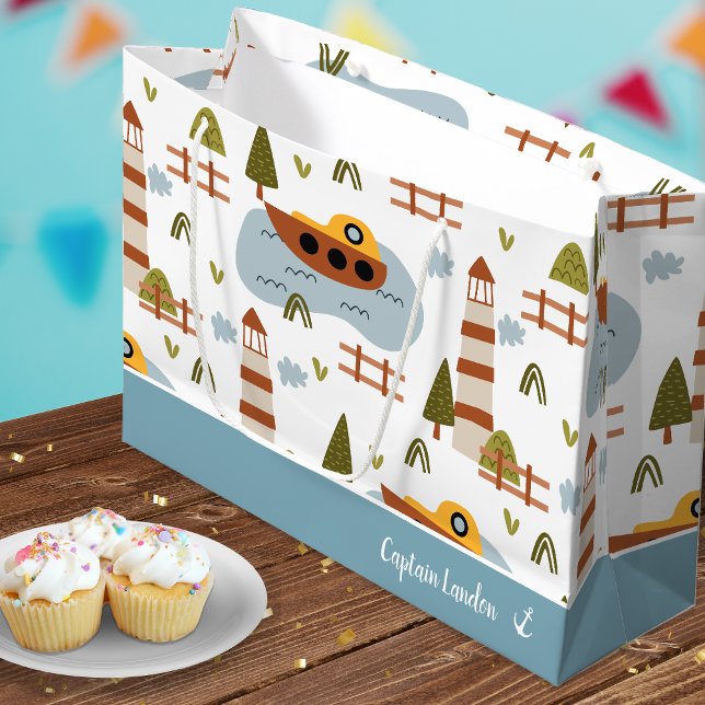 Grand Sac Cadeau Cute Nautical Lighthouse and Boat Kid Motif (Créateur téléchargé)