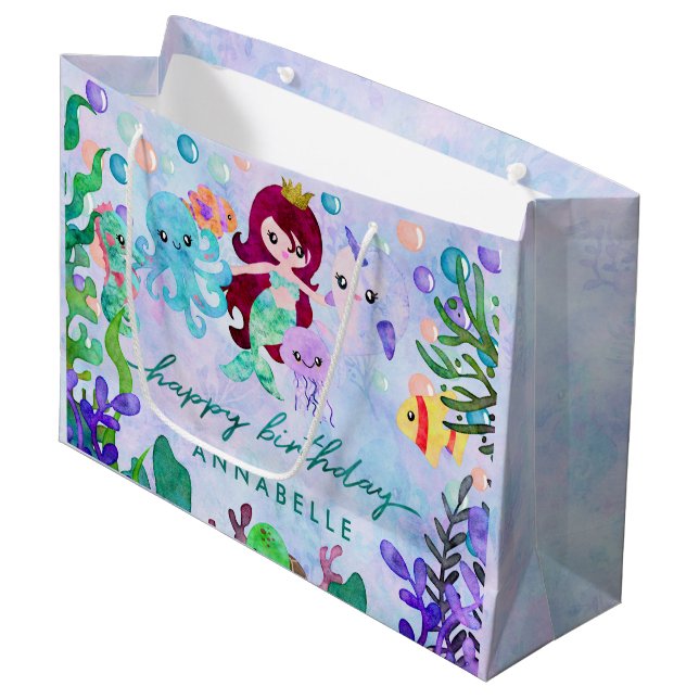 Grand Sac Cadeau Cute Ocean Animals Mermaid Thème Joyeux Anniversai (Devant Angle)
