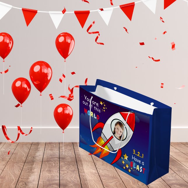 Grand Sac Cadeau Cute Outer Space Rocket Ship Blast Off Birthday (Créateur téléchargé)