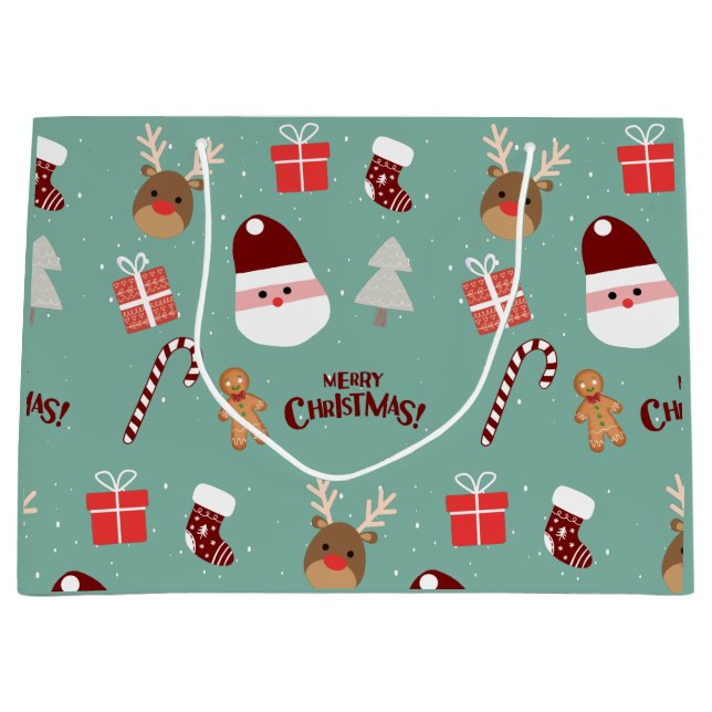 Grand Sac Cadeau Cute Père Noël Reindeer Sucre de canne Motif en pa (Devant)