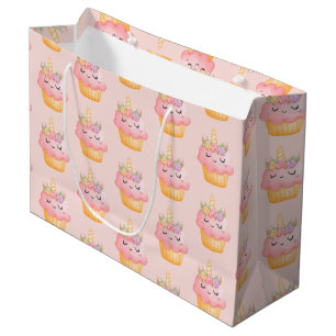 Grand Sac Cadeau Cute Pink Cupcake Unicorn avec Motif Rose