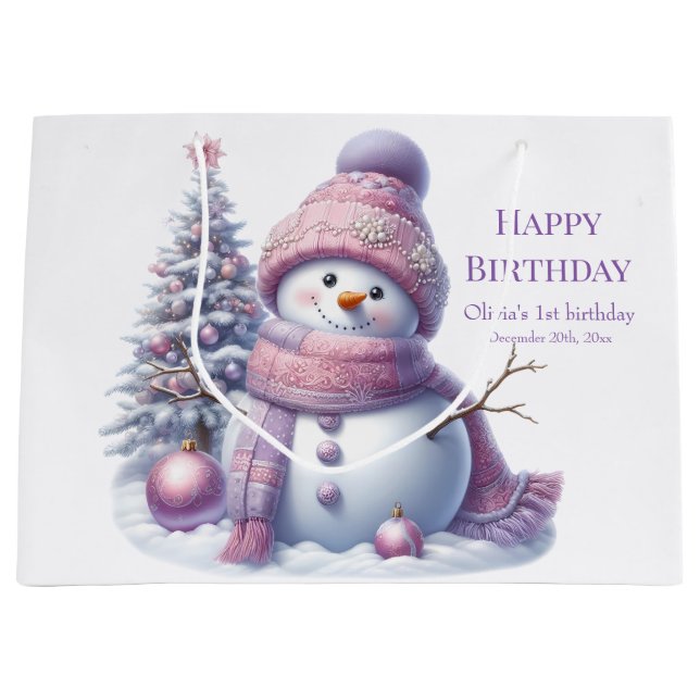 Grand Sac Cadeau Cute Pink Snowman Winter Birthday (Devant)