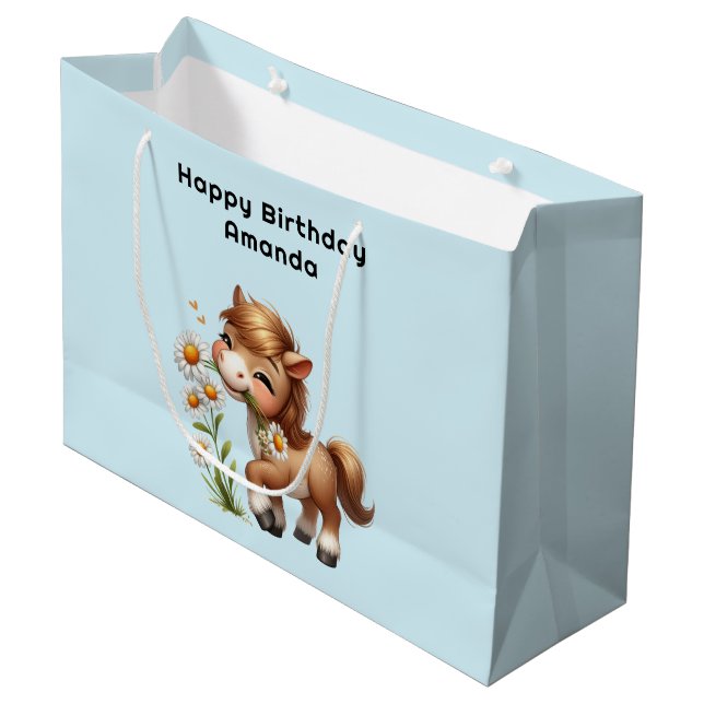 Grand Sac Cadeau Cute Pony Mange Daisées Anniversaire (Devant Angle)