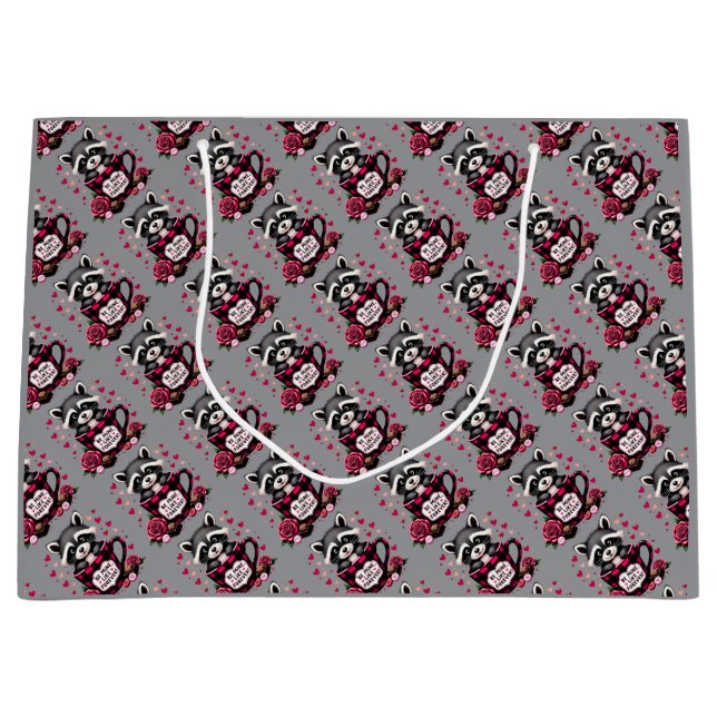 Grand Sac Cadeau Cute Raccoon Valentine Buffalo Plaid (Devant)
