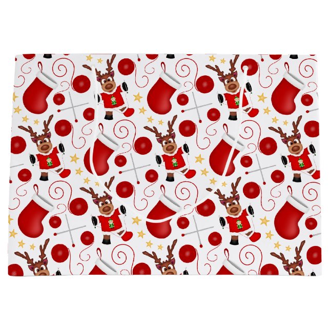Grand Sac Cadeau Cute Red Kids Christmas Reindeer (Devant)