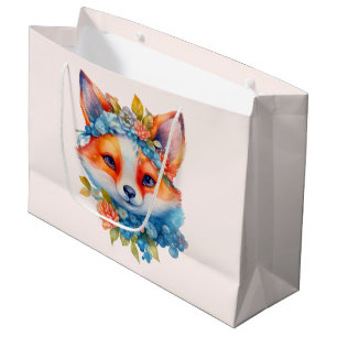 Grand Sac Cadeau Cute Renard orange avec Couronne florale