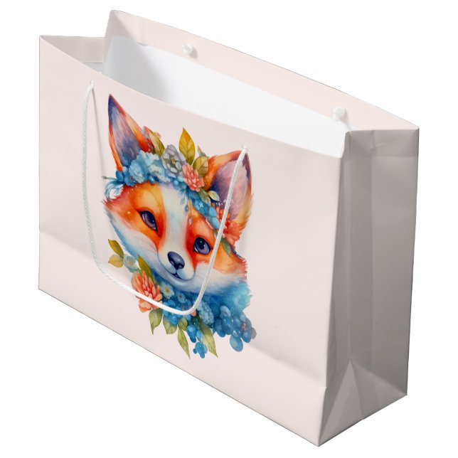 Grand Sac Cadeau Cute Renard orange avec Couronne florale (Devant Angle)