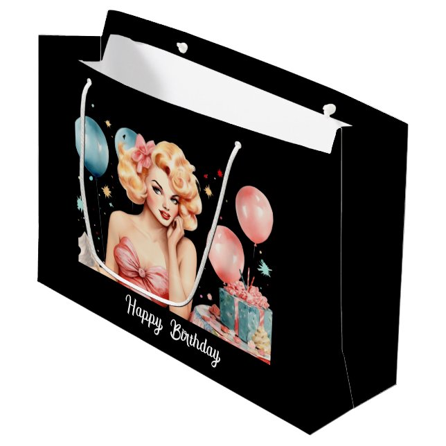 Grand Sac Cadeau Cute retro lady Joyeux anniversaire personnalisabl (Devant Angle)