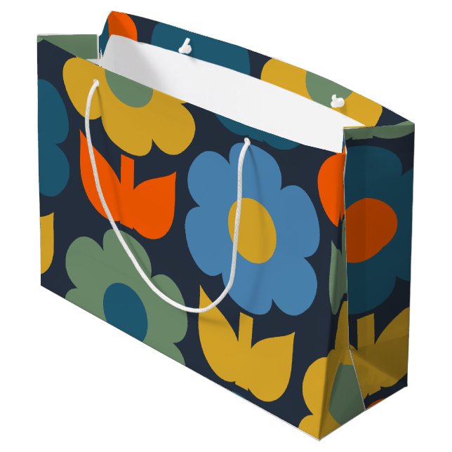 Grand Sac Cadeau Cute Scandi Retro Moderne Motif Floral Bleu (Dos Angle)