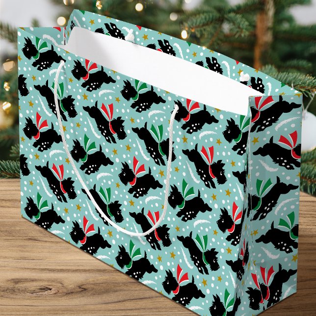 Grand Sac Cadeau Cute Scottie Chien Fun Neige Retro Motif Mint (Créateur téléchargé)