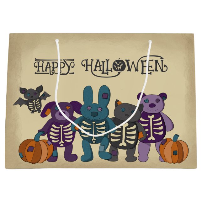 Grand Sac Cadeau Cute Skeleton Animaux et Halloween Citrouille (Devant)