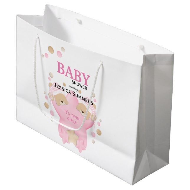 Grand Sac Cadeau Cute Sleeping Teddy Bear Twin Baby Girls Shower La (Devant Angle)