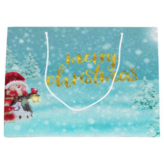 Grand Sac Cadeau Cute Snowman, Casquette de Noël, Pine Trees (Devant)