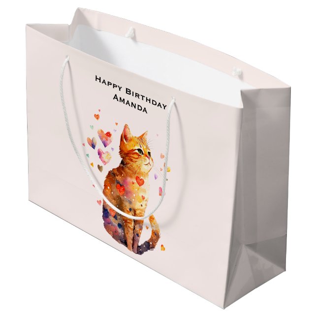Grand Sac Cadeau Cute Tabby Chat avec Coeurs Anniversaire (Dos Angle)