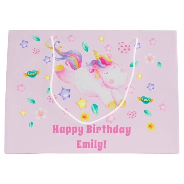 Grand Sac Cadeau Cute Unicorn - Anniversaire de enfant rose personn (Devant)
