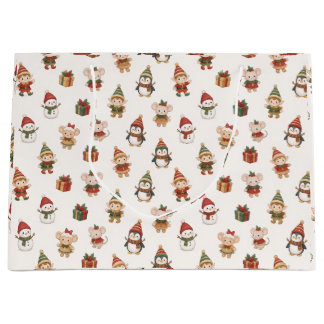 Grand Sac Cadeau Cute Watercolor Christmas Pattern - Elves Penguins