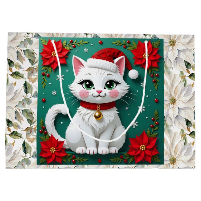 Grand Sac Cadeau Cute White Cat and Poinsettia Christmas (Dos)