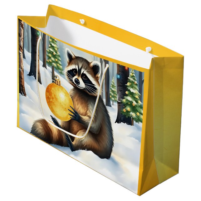 Grand Sac Cadeau Cute Winter Raccoon with Gold Ornament Christmas (Devant Angle)