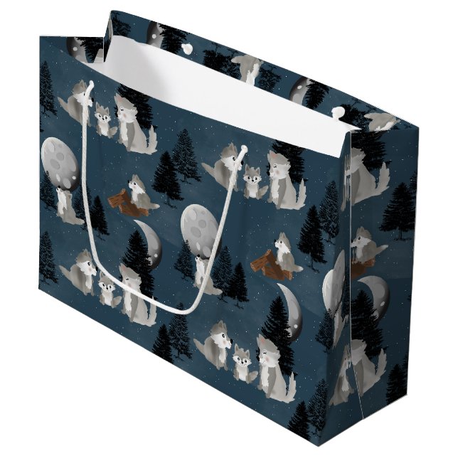 Grand Sac Cadeau Cute Wolf Pack Woodland Night Sky Moon (Devant Angle)