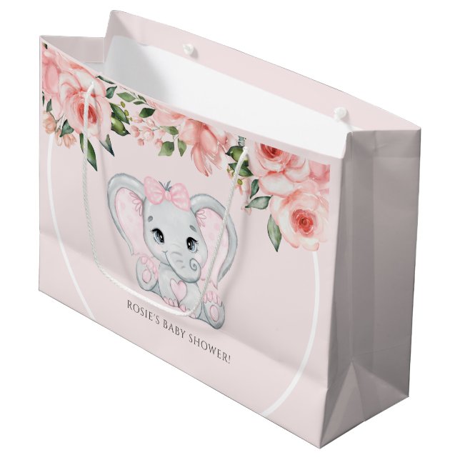 Grand Sac Cadeau Cutie Elephant Blush Rose Floral Girl Baby shower (Devant Angle)