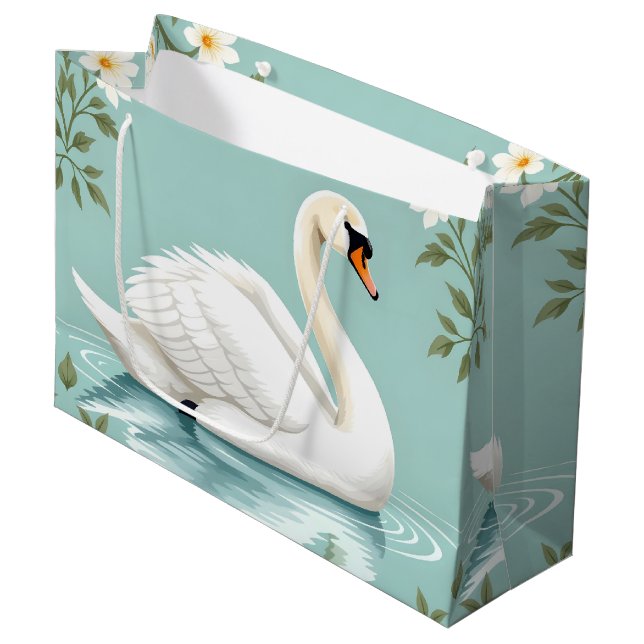 Grand Sac Cadeau Cygne blanc élégant floral bleu (Devant Angle)